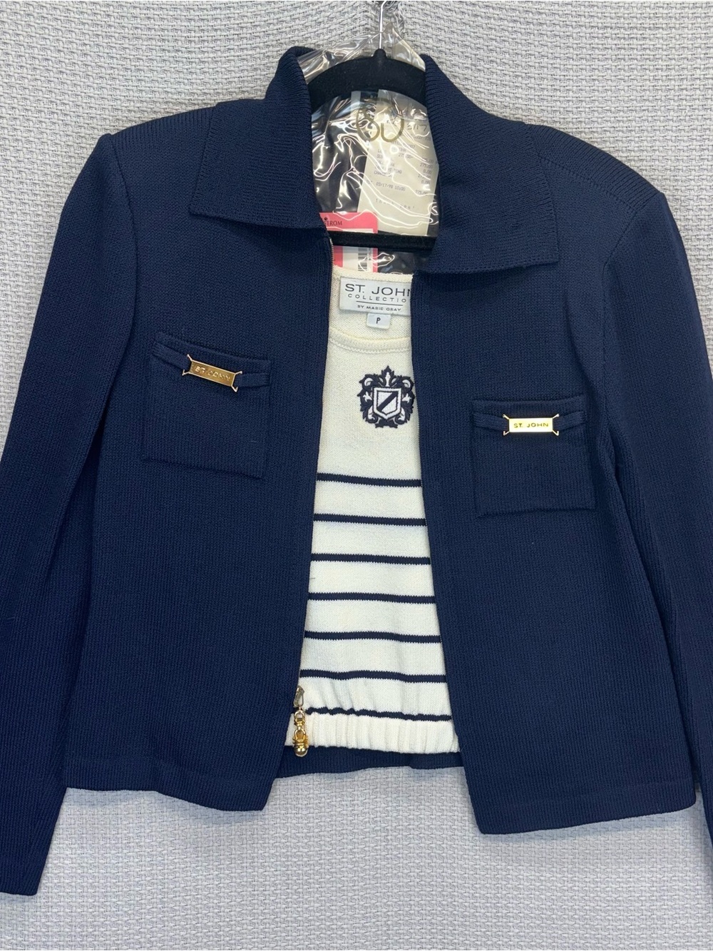 Vtg St John Navy Nautical Blazer W/Sleeveless Striped Tank Top Small P Gold